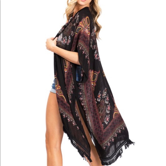 Boho Chic Black floral Kimono Cover Up - Picture 2 of 3